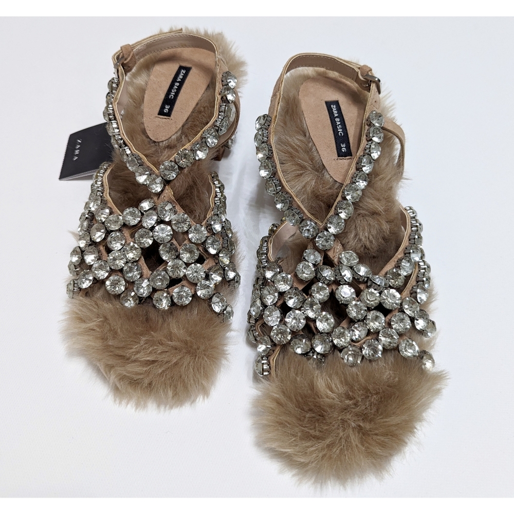 ZARA Limited Edition Exclusive Collection Rhinestone Faux Fur Leather Sandals 6 - Picture 9 of 15